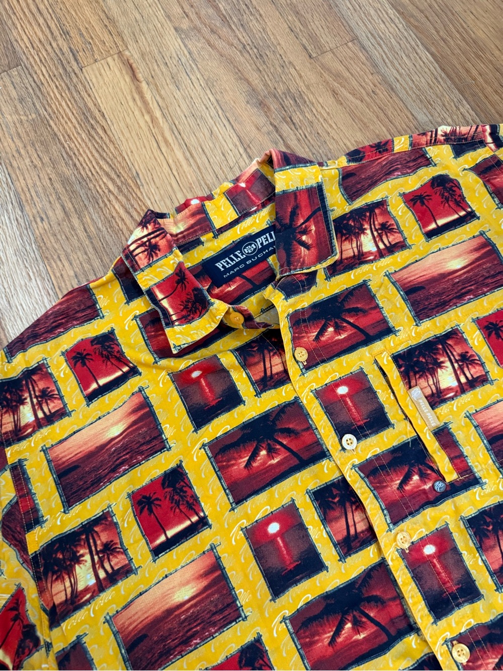 Vintage 90s Pelle Pelle Marc Buchanan Sunset Postcard All Over Print Shirt Large